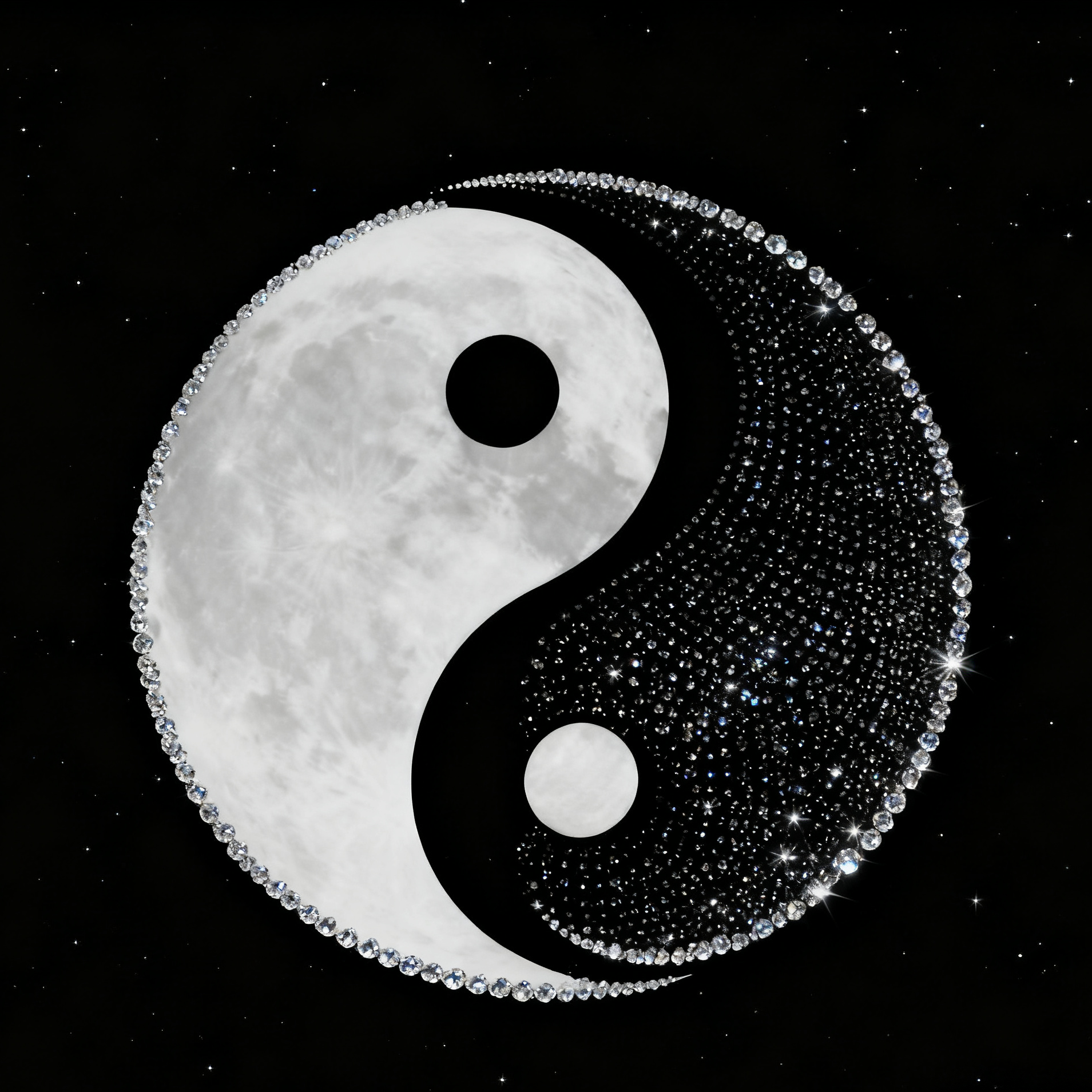 Yin Yang symbol with moon and stars background, encrusted with diamonds, 1:1 ratio, celestial balance design, spiritual harmony illustration, diamond-studded yin yang icon, night sky with moon yin yang artwork